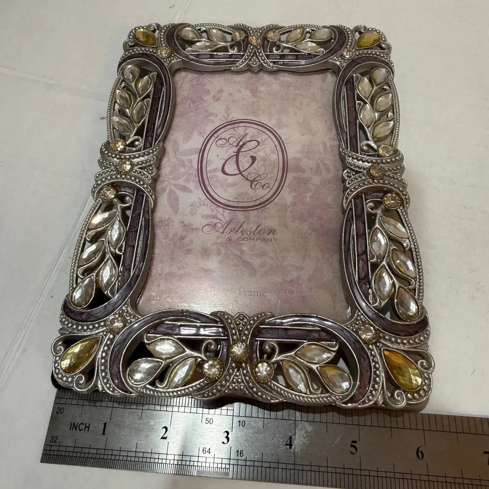 Hollywood Regency Inspired Jeweled Rhinestone 4x6 Picture Frame Ornate Silver